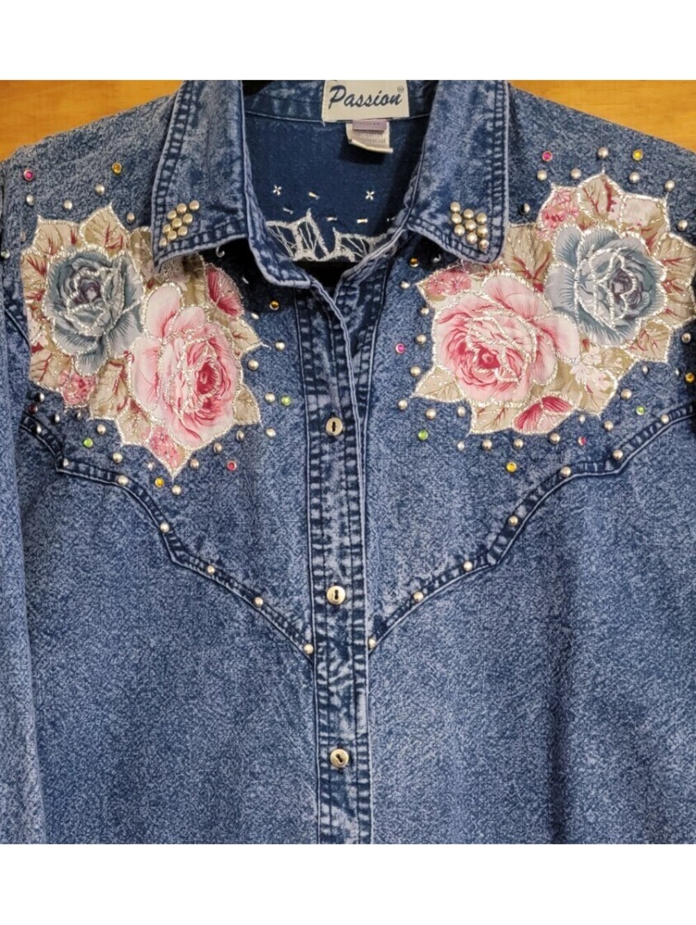 VTG Passion Women Top Shirt M Denim Retro Artsy Floral Western Equestrian 90s